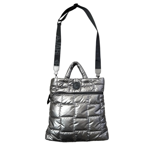 Pajar North South Silver Puffy Quilted Tote Bag Crossbody - Picture 2 of 8